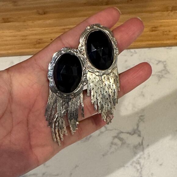 Vintage silver tone black faux stone dangle earrings western glam NFR Rodeo - Picture 3 of 5